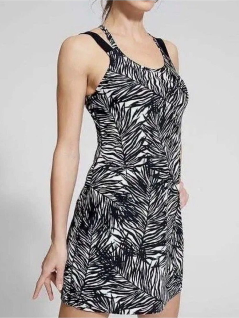 Athleta Palm Leaf Print Strappy Swim Dress Tankini Top Black White 36 B/C